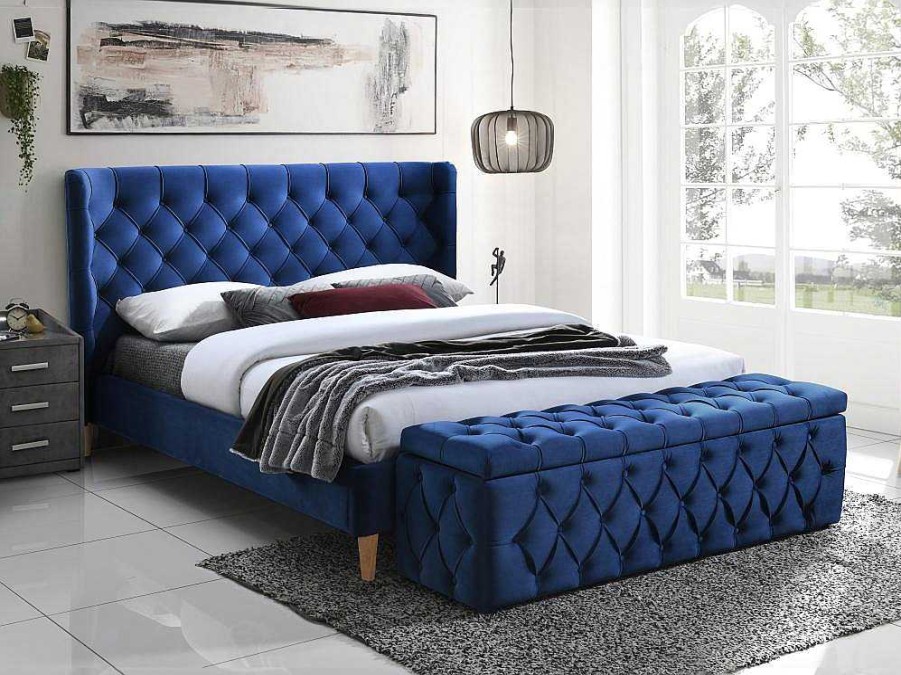 Vente-unique Fluwelen Bed | Bed 140 X 190 Cm Met Hoofdbord Met Capitonnage - Velours - Koningsblauw - Enodi