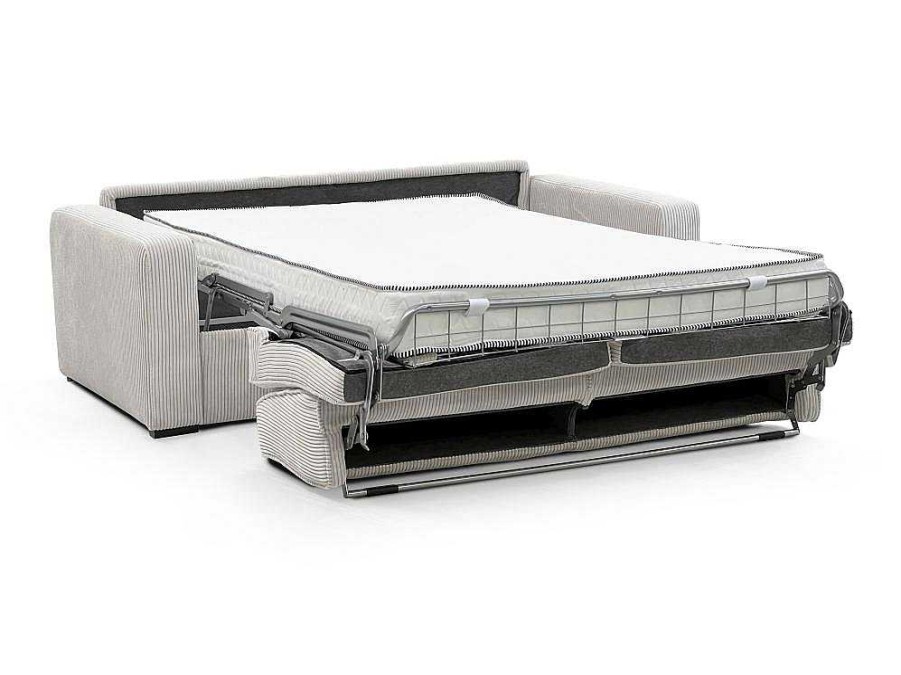 Vente-unique Slaapbank Met Matras | Express-Driezitsslaapbank Van Beige Ribfluweel - Bed Met Brede Latten 140 Cm - Matras 18 Cm - Mondovi