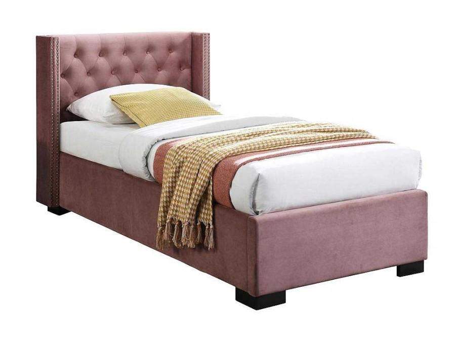 Vente-unique Bed Met Opbergruimtes | Bed Met Opbergruimte 90 X 200 Cm Met Gecapitonneerd Hoofdbord Fluweel Roze Met Matras Massimo