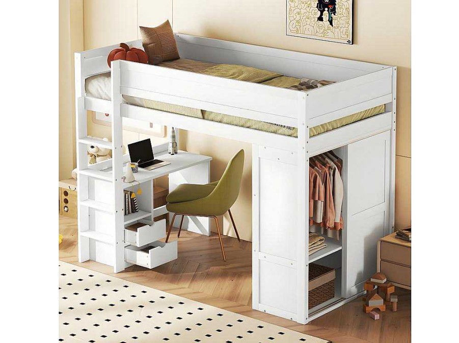 ModernLuxe Kinderbed Hoogslaper | Mezzaninebed 90X200Cm - Multifunctioneel Kinderbed - Voorzien Van Kledingkast En Bureau - In Massief Grenen - Wit