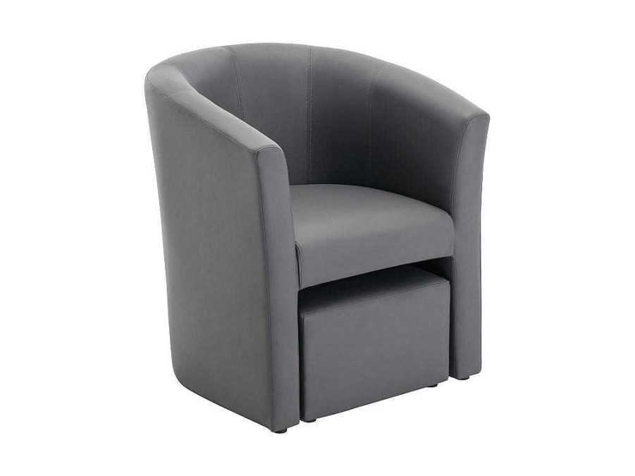 Vente-unique Fauteuil Met Holle Rugleuning | Fauteuil Met Holle Rugleuning En Poef In Grijs Kunstleer Jovana