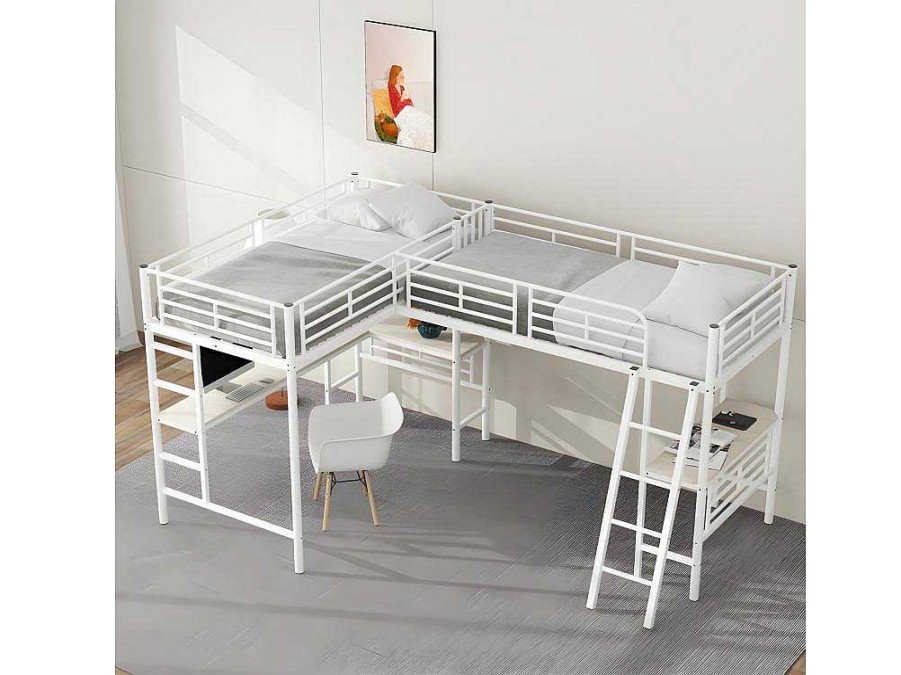 ModernLuxe Kinderbed Hoogslaper | Mezzaninebed - 2 Bedden 90X200 Cm - 2 Bureaus Onder Het Bed - Wit