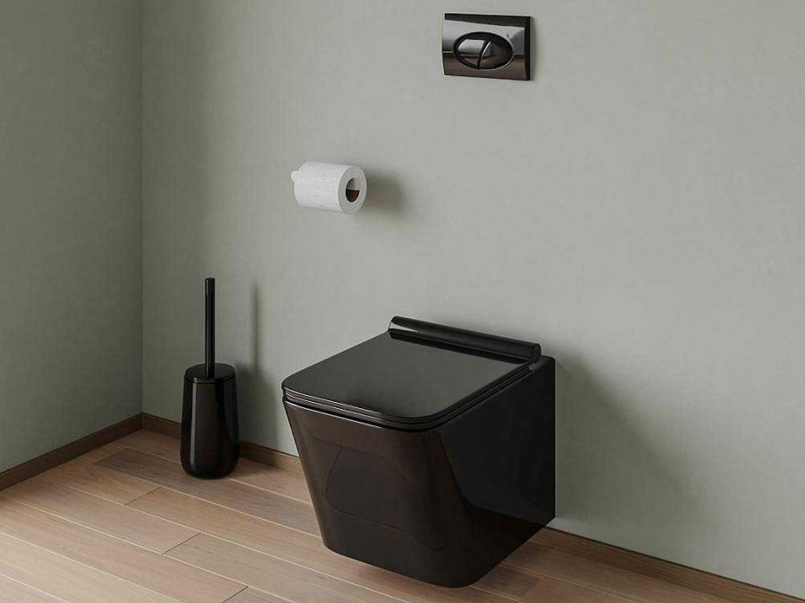 Vente-unique Hangend Toilet | Set Voor Hang-Wc Van Glanzend Zwart Keramiek Met Voorwandsysteem En Ovalen Bedieningsplaat - Clemona