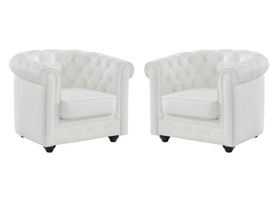 Vente-unique Fauteuil Leer | Set Van 2 Fauteuils Van Buffelleer Chesterfield - Wit