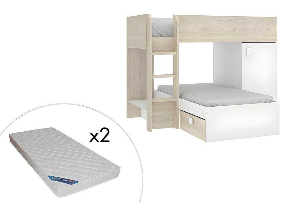 Vente-unique Kinderbed Stapelbed | Omkeerbare Hoekstapelbed Ricardo - 2 X 90X190Cm - Opbergruimte - Grijs En Wit + Matras