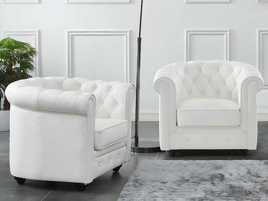 Vente-unique Fauteuil Leer | Set Van 2 Fauteuils Van Buffelleer Chesterfield - Wit