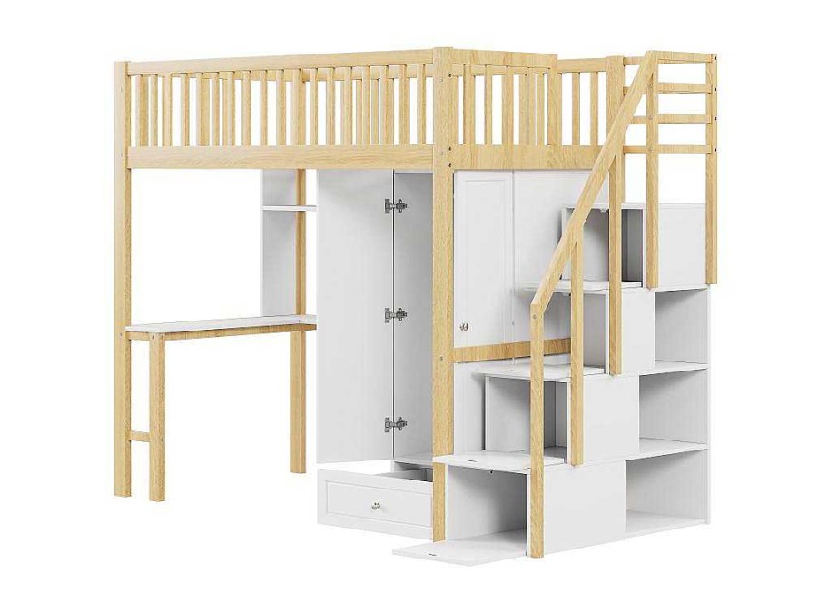 Vente-unique Kinderbed Hoogslaper | Hoogslaper 90 X 200 Cm Met Grote Kledingkast, Bureau, Boekenkast, Trap En Lades, Alles-In-Een, Mdf Hout, Wit + Eiken