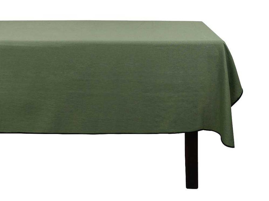 OZAIA Textiel Voor Eettafel | Set Van Tafellaken + 4 Servetten Van Linnen En Katoen - Zwarte Rand - Kaki - 170 X 300 Cm - Borina