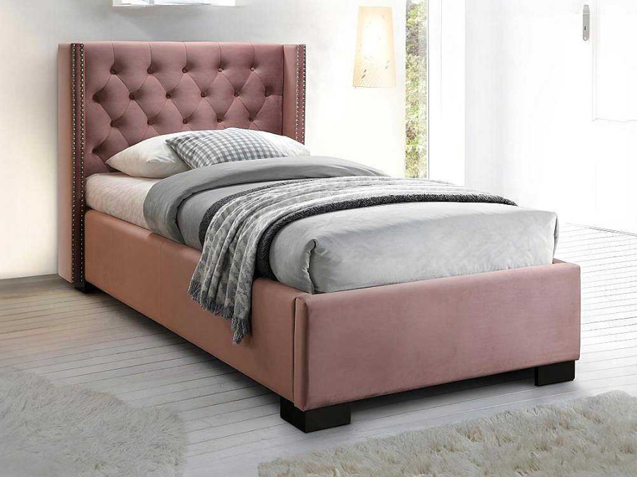 Vente-unique Fluwelen Bed | Bed Massimo Gestoffeerde Hoofdeinde Met Capitons - 90X200 Cm - Roze Fluweel