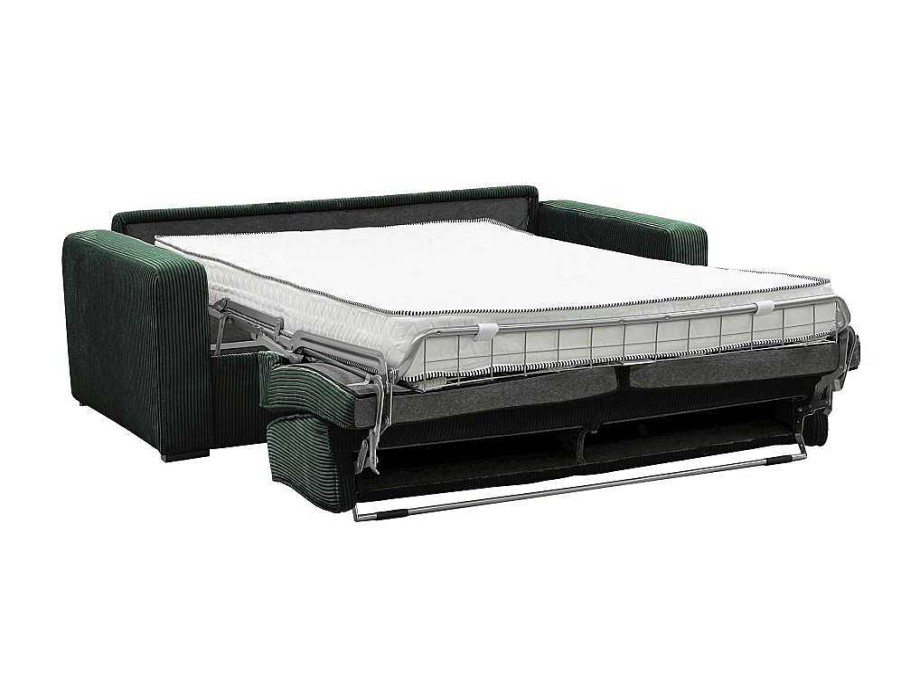 Vente-unique Slaapbank Met Matras | Express-Driezitsslaapbank Van Groen Ribfluweel - Bed 140 Cm - Matras 18 Cm - Mondovi