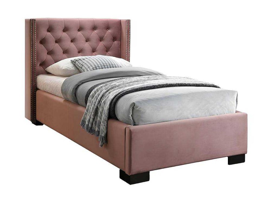 Vente-unique Fluwelen Bed | Bed Massimo Gestoffeerde Hoofdeinde Met Capitons - 90X200 Cm - Roze Fluweel