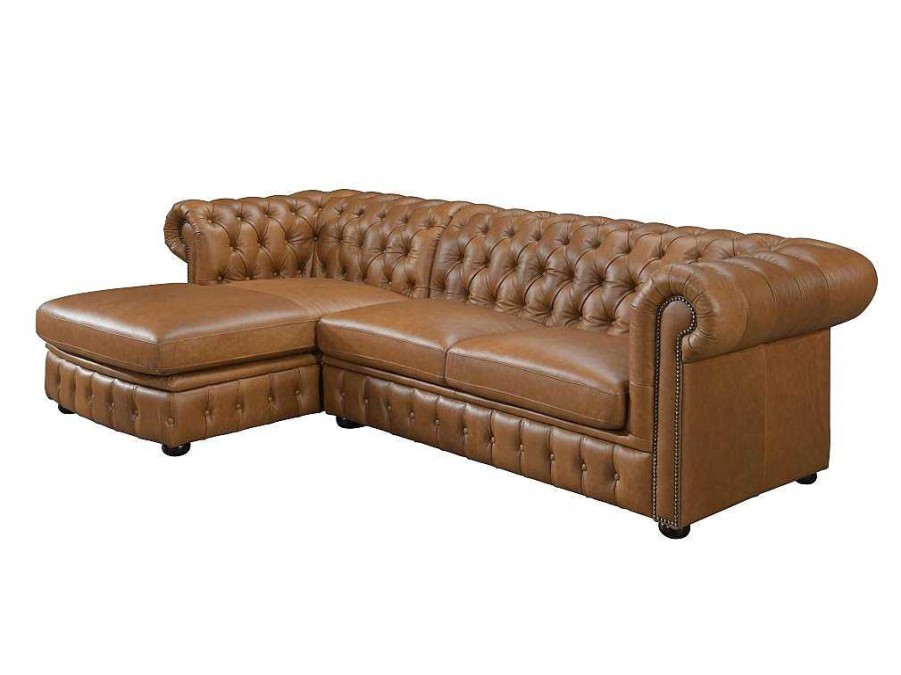 LINEA SOFA Leren Zitbank | Hoekbank Chesterfield Brenton 100% Buffelleer - Hoek Links - Vintage Caramel