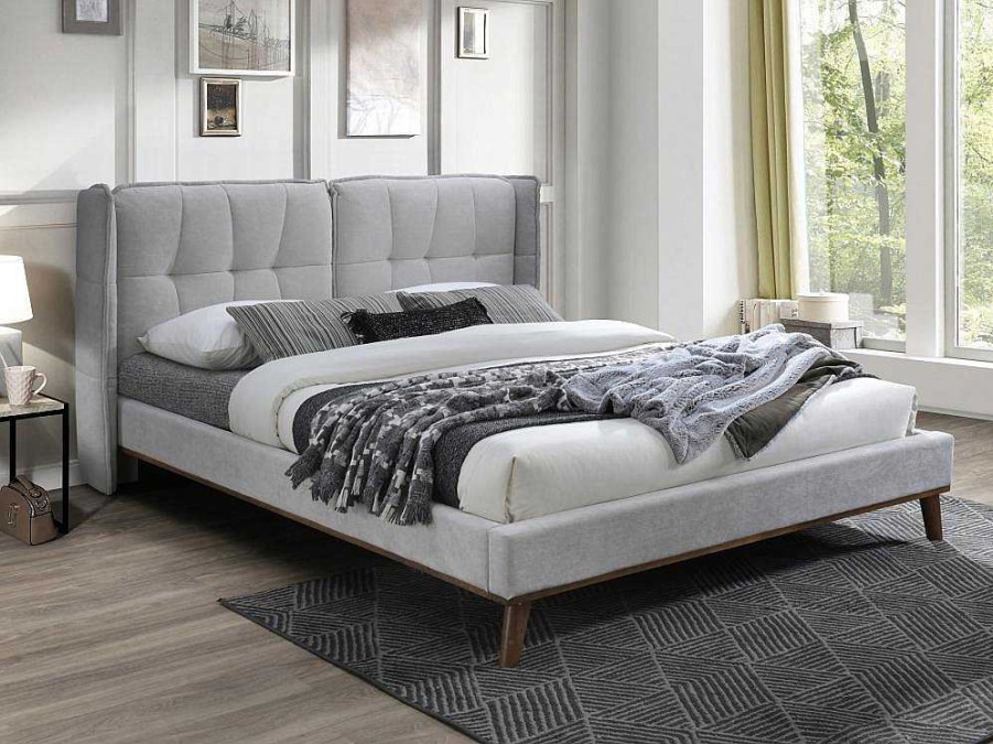 Vente-unique Tweepersoonsbed | Bed 140 X 200 Cm Met Hoofdbord Met Capitons - Linnen - Lichtgrijs - Kerano