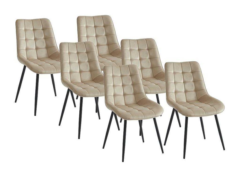 Vente-unique Stoel | Set Van 6 Gewatteerde Stoelen - Velours En Zwart Metaal - Beige - Ollua