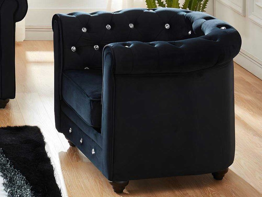 Vente-unique Fauteuil Stof Fluweel / Suedine | Set Van 2 Fauteuils Chesterfield - Fluweel - Zwart Met Kristallen Knopen