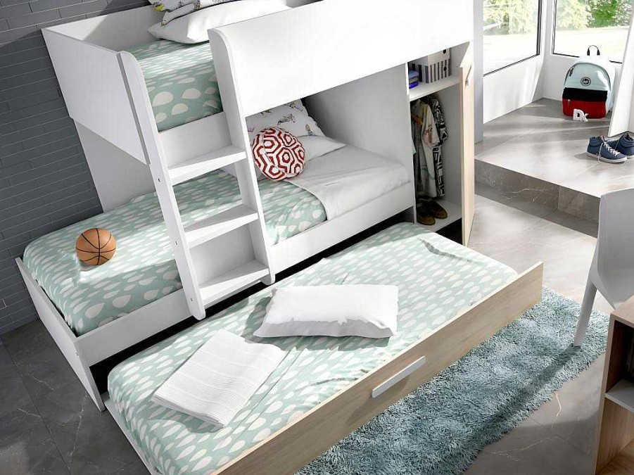 Vente-unique Kinderbed | Stapelbed Met Onderschuifbed En Opbergruimte 3X90X190Cm - Wit En Naturel - Anthony