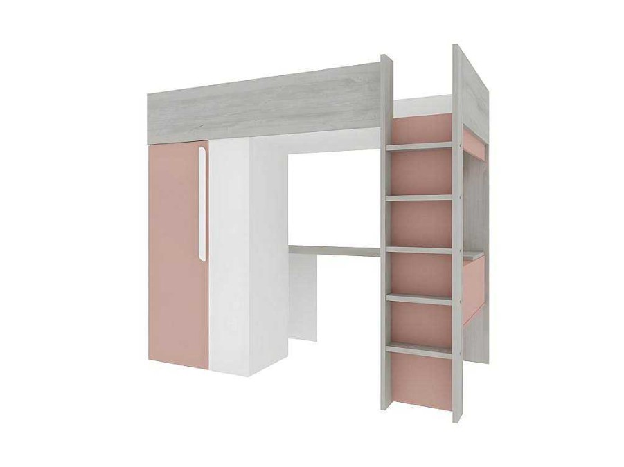 Vente-unique Kinderbed Hoogslaper | Hoogslaper - 90 X 200 Cm - Met Kast En Bureau - Roze En Wit - Nicolas