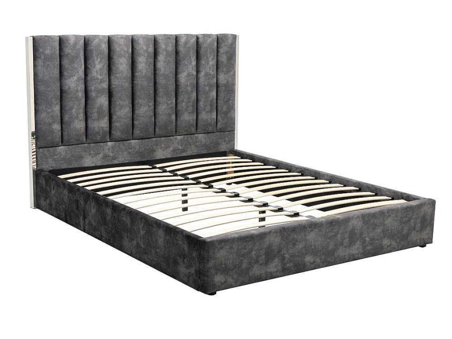 Vente-unique Fluwelen Bed | Bed 140 X 190 Cm Met Hoofdbord Met Verticale Stiksels - Velours - Antraciet - Feroya