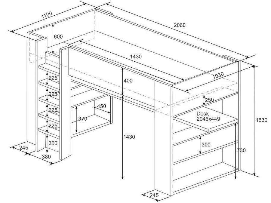 Vente-unique Kinderbed Hoogslaper | Hoogslaper Met Bureau En Opbergruimte - 90 X 200 Cm - Eik En Wit + Matras - Noah Ii