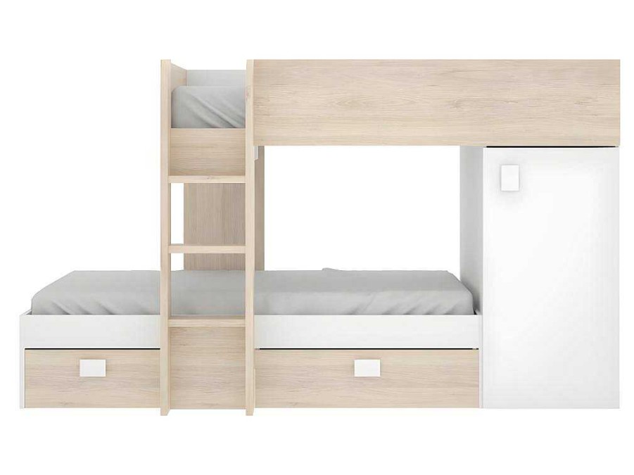 Vente-unique Kinderbed Stapelbed | Omkeerbare Hoekstapelbed Ricardo - 2 X 90X190Cm - Opbergruimte - Grijs En Wit + Matras