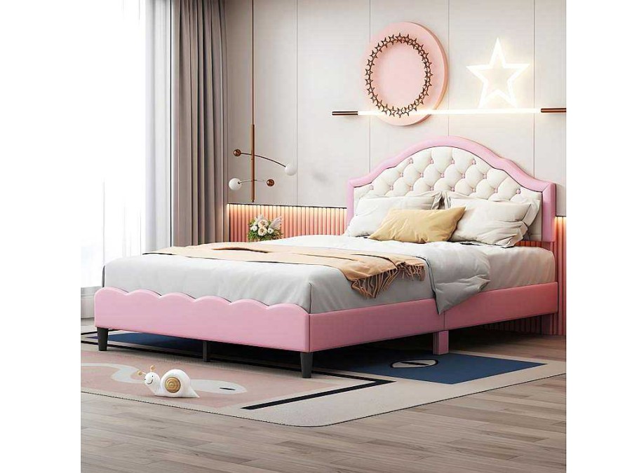 ModernLuxe Kinderbed | Kinderbed 140X200Cm Met Gewatteerde Rugleuning In Kunstleer - Lattenbodem - Roze