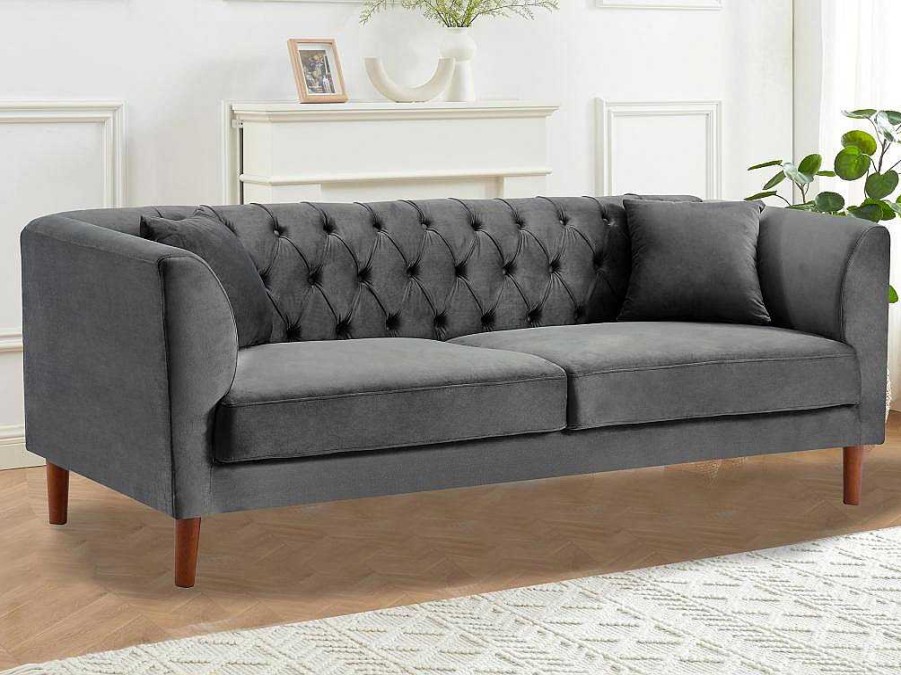 Vente-unique Chesterfield Zitbank | Driezits-Chesterfield-Bank Van Antracietkleurig Velours Arsene