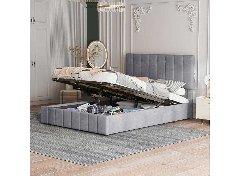 ModernLuxe Fluwelen Bed | Gestoffeerd Opbergbed - 140X200Cm - Fluwelen Stof - Grijs