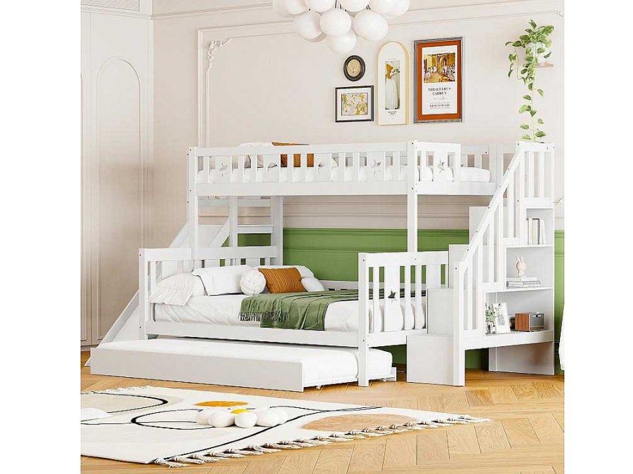 Vente-unique Kinderbed Stapelbed | Stapelbedden Met Glijbaan En Planken, Onderschuifbed - 2 X 90 X 200 Cm + 140 X 200 Cm - Wit - Anthony