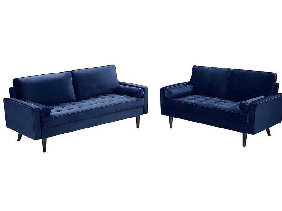 Vente-unique Aanbiedingen: Zitbank & Fauteuil | Drie- En Tweezitsbank Van Fluweel Fleuet - Donkerblauw