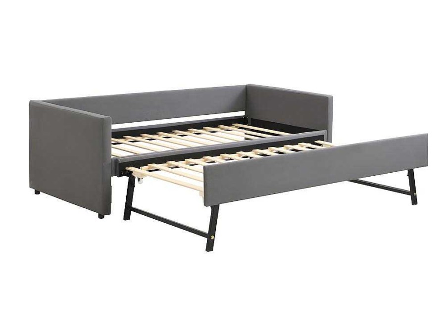 ModernLuxe Tweepersoonsbed | Multifunctioneel Onderschuifbed Met Opklapbed - 90X200 Cm - Linnen Stof - Grijs