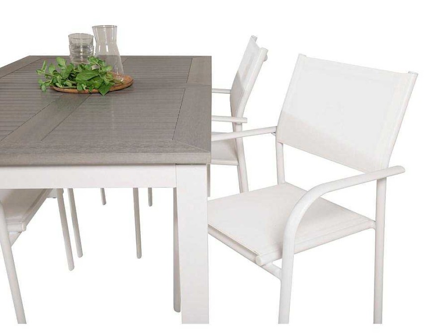 Vente-unique Tuinset | Albany Tuinmeubelset Tafel 90X152/210Cm En 4 Stoel Santorini Wit, Grijs, Cremekleur.