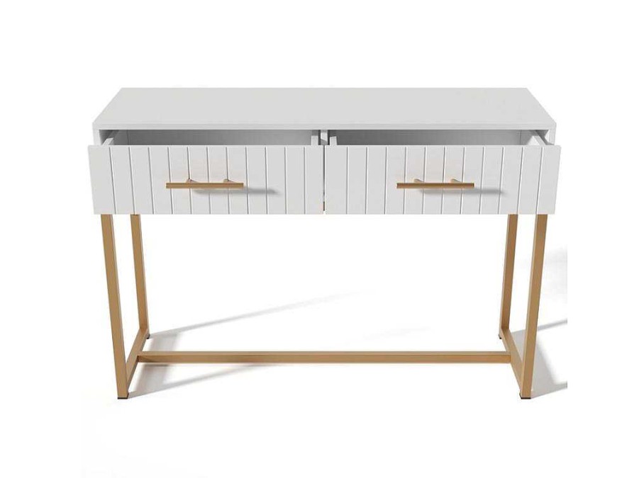 ModernLuxe Kaptafels | Kaptafel Versierd Met Verticale Strepen - H 75 Cm - Met 2 Laden En Metalen Onderstel - Wit