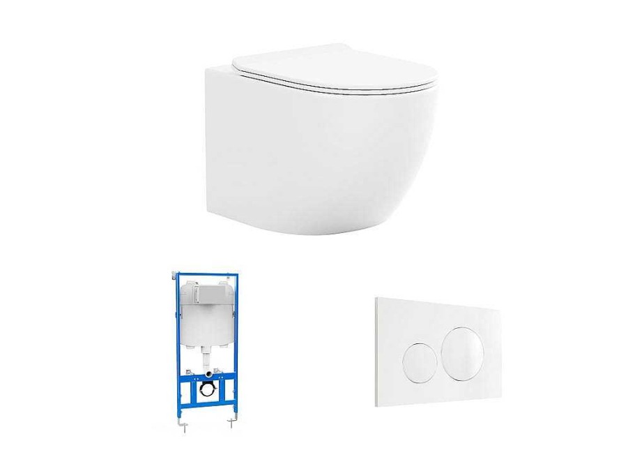 Vente-unique Hangend Toilet | Set Voor Glanzend Witte Hang-Wc Met Voorwandsysteem En Bedieningsplaat - Javoine