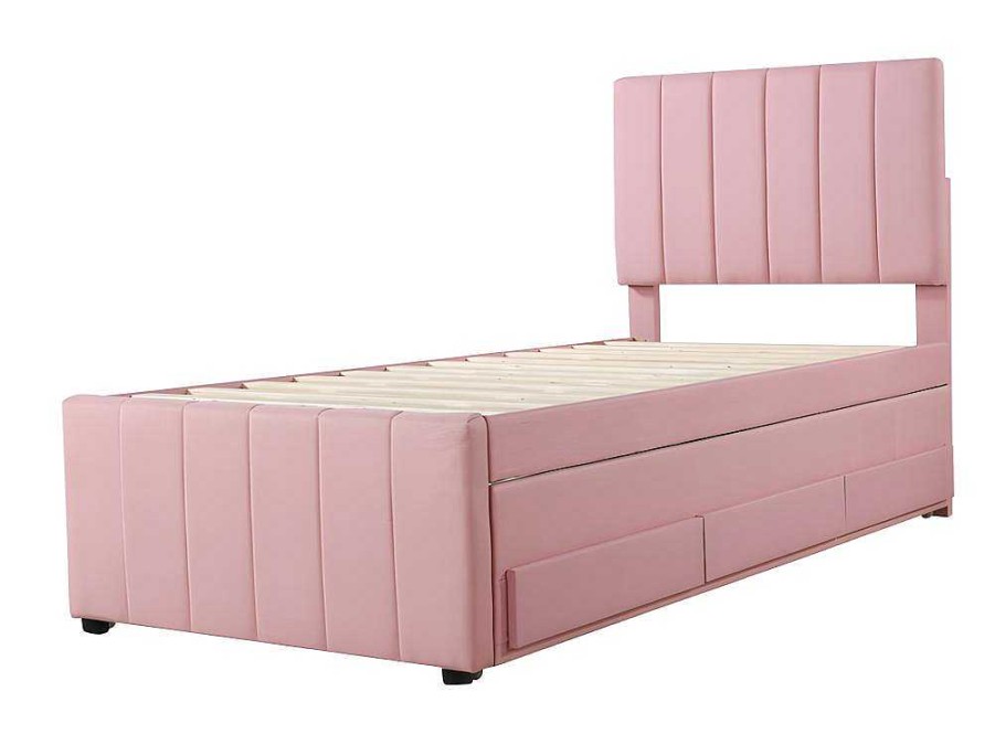 ModernLuxe Bed Met Slaaplade | Gestoffeerd Linnen Bed 90X200Cm - Met Onderschuifbed Op Wielen En 3 Lades - Roze