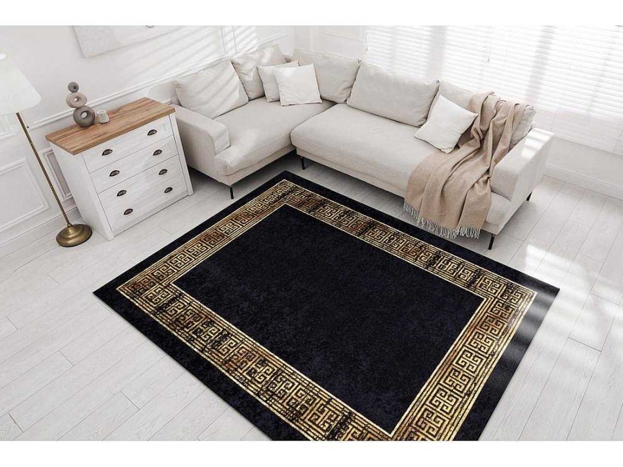 RugsX Groot Tapijt | Miro 51223.806 Tapijt Wasbaar Kader, Grieks Antislip - Zwart / Goud 200X290 Cm