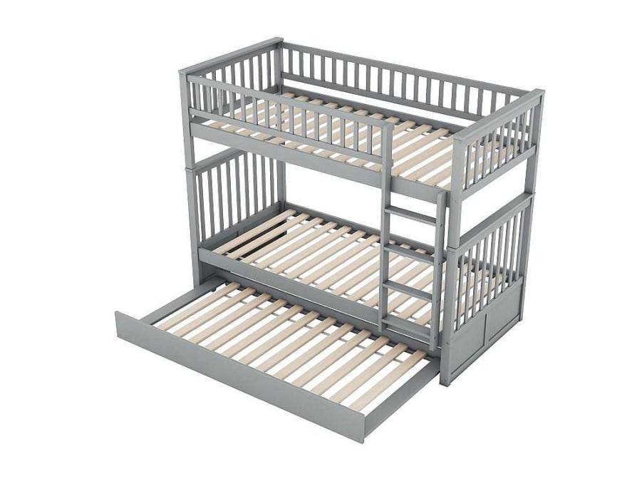 Vente-unique Kinderbed | Stapelbedden 2 X 90 X 200 Cm + Onderschuifbed 90 X 190 Cm - Mdf Hout - Grijs - Anthony