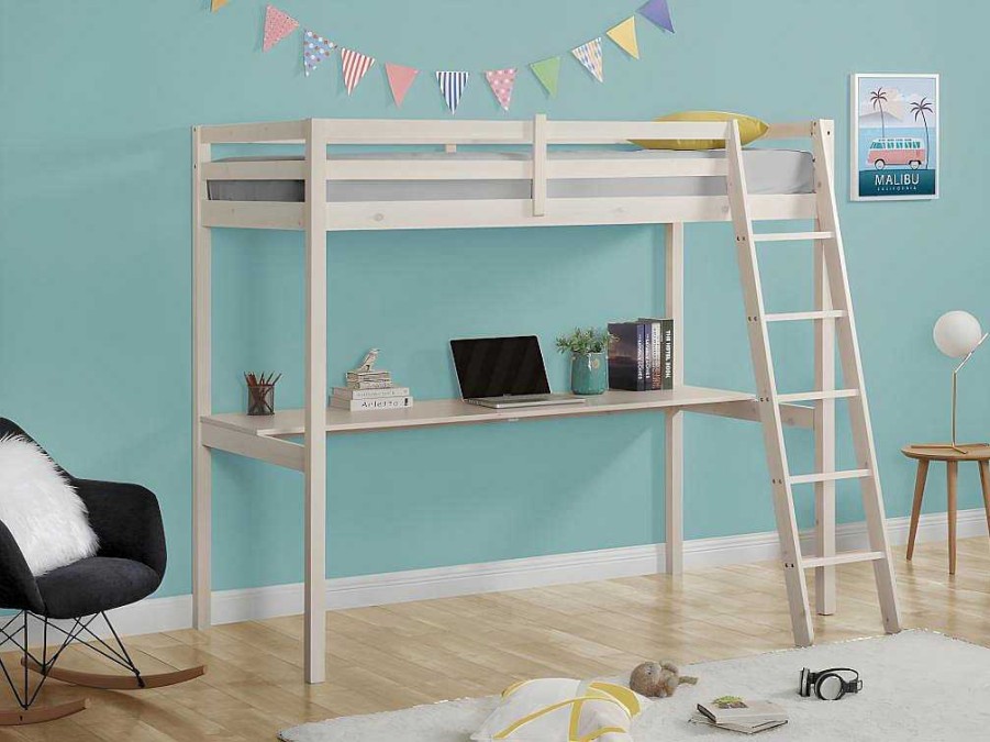 Vente-unique Kinderbed Hoogslaper | Hoogslaper Gedeon - 90 X 190 Cm - Met Bureau - Massief Grenen - Gebleekt