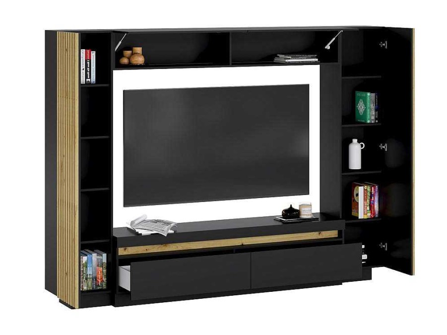 Vente-unique Tv-Meubel | Tv-Wand Met Opbergruimte - Ledverlichting - Zwart En Naturel - Lionea