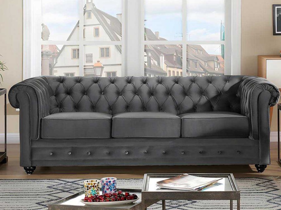 Vente-unique Bankstel 3+2 | Drie- En Tweezitsbank Van Antracietkleurig Velours Chesterfield