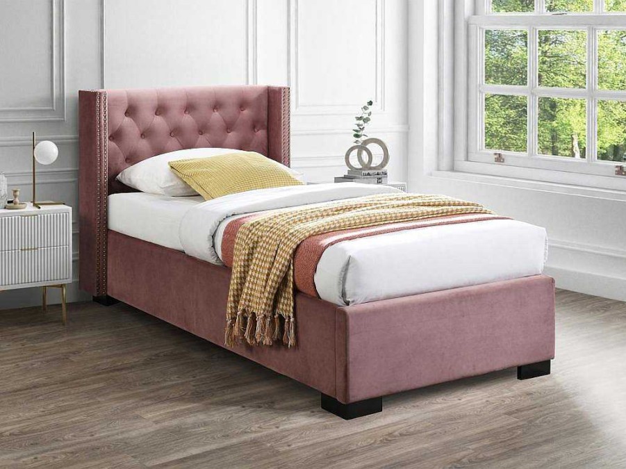 Vente-unique Bed Met Opbergruimtes | Bed Met Opbergruimte 90 X 200 Cm Met Gecapitonneerd Hoofdbord Fluweel Roze Met Matras Massimo