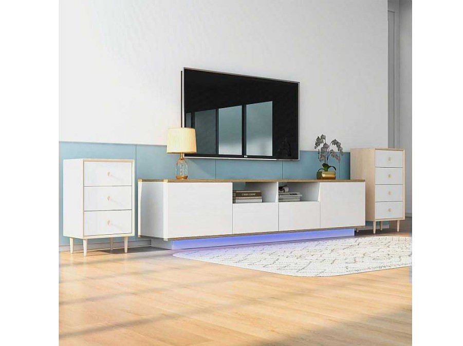 ModernLuxe Tv-Meubel | Tv-Meubel Van 180 Cm Met Led - 2 Laden En 2 Open Planken - Eigentijdse Scandinavische Stijl - Wit