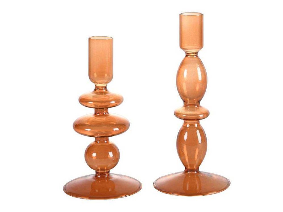 OZAIA Kandelaar En Kaars | Set Van 2 Kandelaars - H21 En 18,5 Cm - Glas - Oranje - Kandie