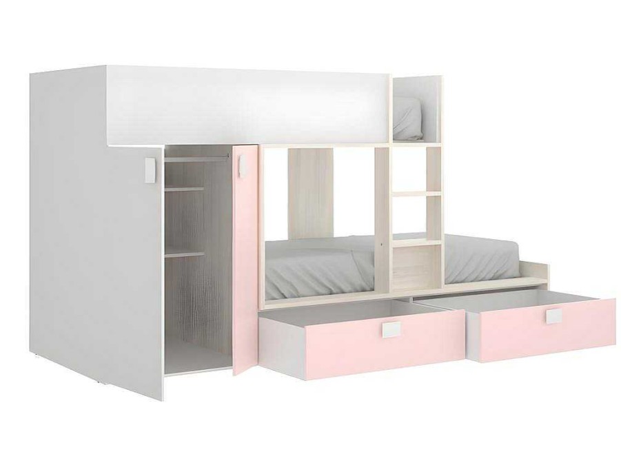 Vente-unique Kinderbed | Stapelbed Juanito Met Ingebouwde Kast En Opbergruimte - 2X90X190Cm - Wit, Eiken En Roze