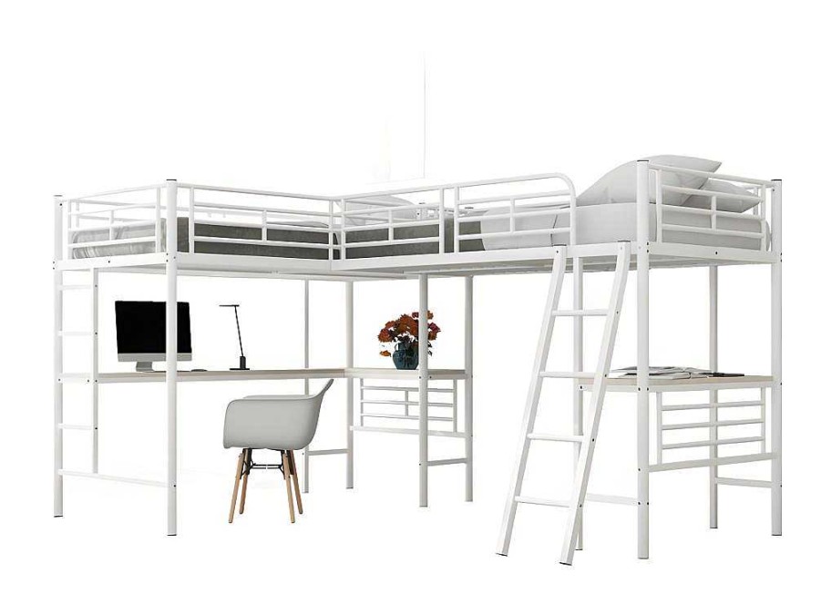 ModernLuxe Kinderbed Hoogslaper | Mezzaninebed - 2 Bedden 90X200 Cm - 2 Bureaus Onder Het Bed - Wit