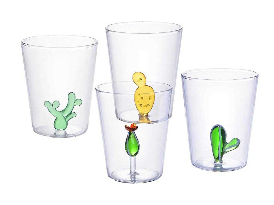 OZAIA Tafelservies | Set Van 4 Glazen Met Cactus - Transparant En Groen - O8 X H10 Cm - Puntia