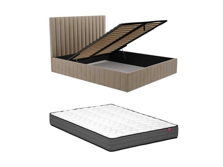 Vente-unique Fluwelen Bed | Bed Met Opbergruimte 180 X 200 Cm Met Hoofdbord Met Verticale Stiksels - Velours - Taupegrijs + Matras - Larali