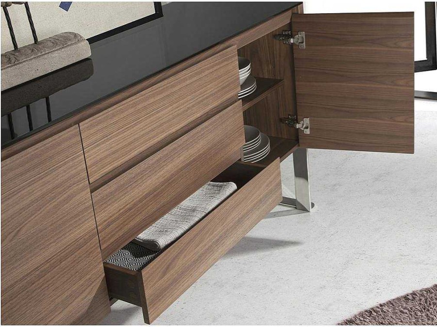 Angel Cerda Buffetkast | Walnoot Dressoir Met Zwart Glazen Blad 3060 Angel Cerda