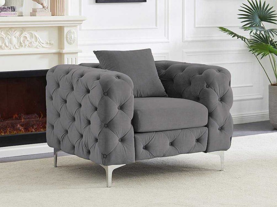 Vente-unique Fauteuil Stof Fluweel / Suedine | Chesterfield-Fauteuil Van Antracietgrijs Velours Edwina