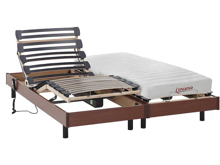 DREAMEA Elektrisch Relaxatiebed | Elektrisch Relaxbed Met Matras Met Latex-Instap Tyndare Van Dreamea - Kersenhout - 2 X 80 X 200 Cm