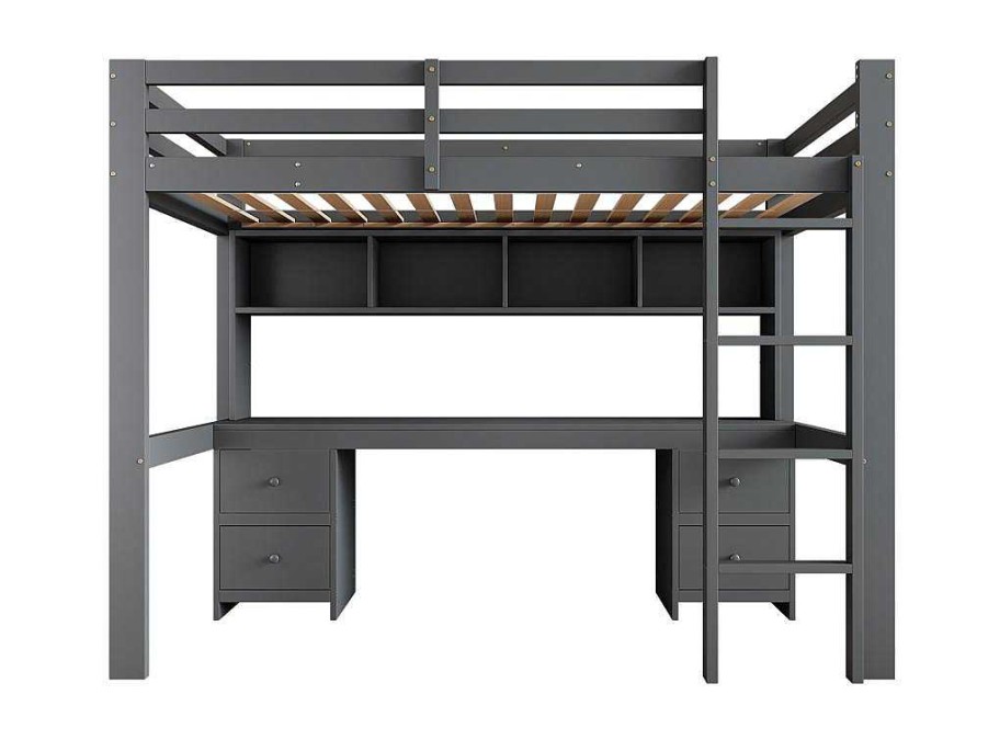 Vente-unique Kinderbed Hoogslaper | Hoogslaper 90 X 200 Cm Met Bureau, Boekenkast, Lades En Ladder, Mdf Hout, Grijs